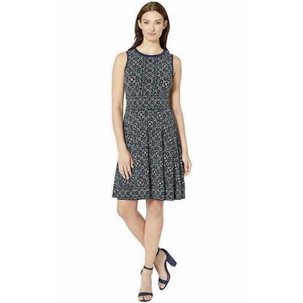 MICHAEL Michael Kors Blue Floral Medallion Fit & Flare Dress Stretch Size Large
